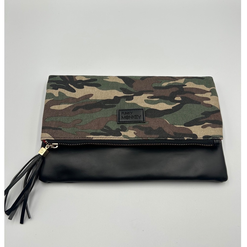 Funky Monkey Camo Canvas Black Vegan Leather Foldover Tassel Clutch Bag